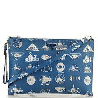 Prada Convertible Zip Clutch Crossbody Bag Printed Saffiano Leather