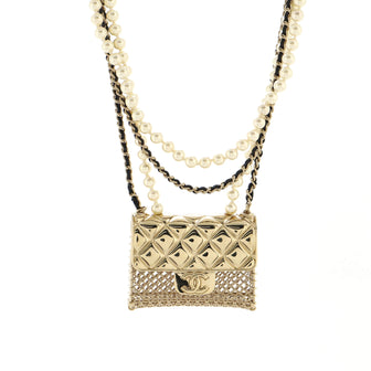 Chanel Flap Bag Pendant Long Necklace Quilted Metal with Lambskin and Faux Pearls
