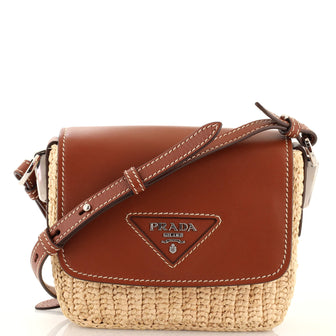 Prada Triangle Logo Plaque Flap Crossbody Bag Leather and Raffia