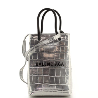 Balenciaga Shopping Phone Holder Crocodile Embossed Leather