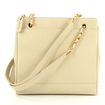 Chanel Vintage Stitched CC Shoulder Bag Caviar Medium Neutral