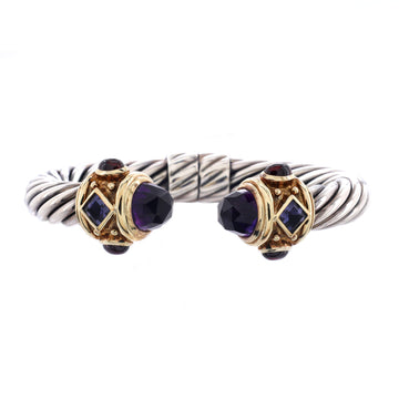David Yurman Renaissance Cable Bracelet Sterling Silver and 14K Yellow Gold with Amethyst, Iolite, Rhodolite Garnet 10mm