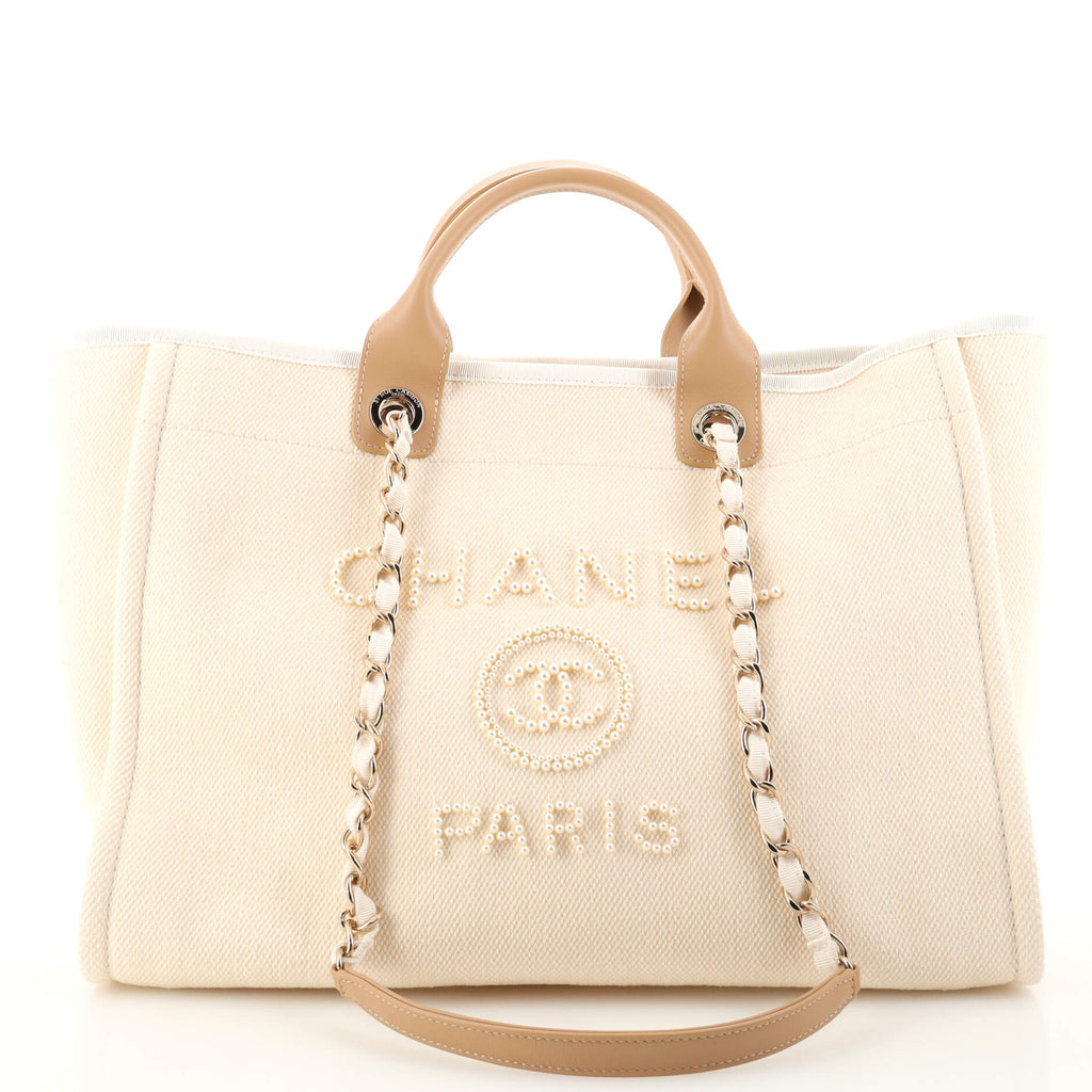 Chanel Deauville Tote Pearl Embellished Canvas Medium Neutral 1931961