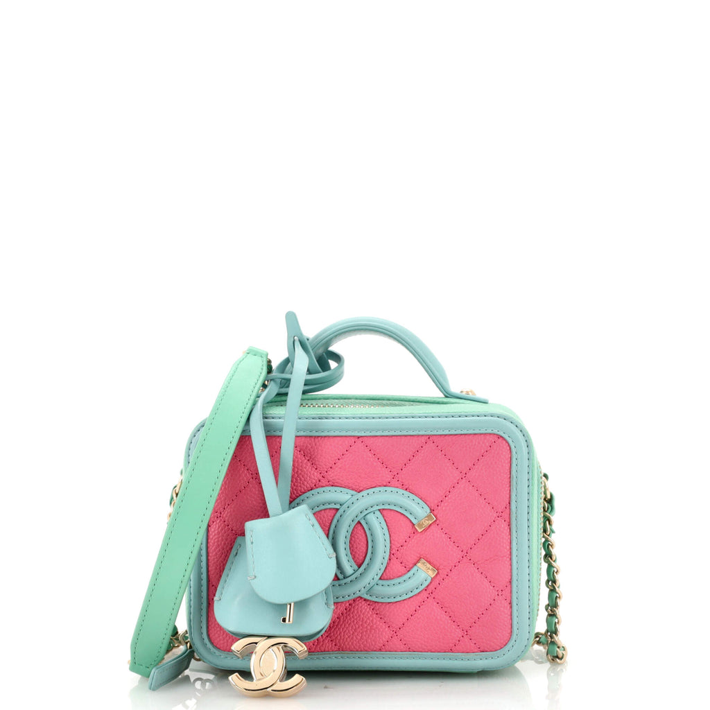 Chanel Pink/Green/Blue Quilted Caviar Leather Filigree Vanity Clutch with  Chain Bag - Yoogi's Closet