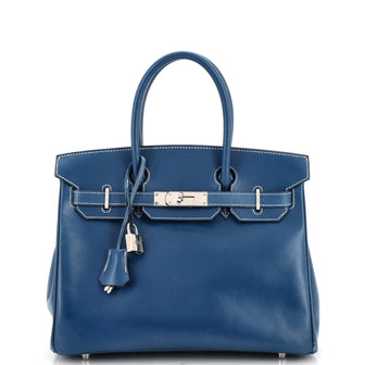 Hermes Birkin Handbag Blue Box Calf with Palladium Hardware 30