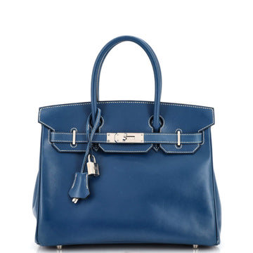 Hermes Birkin Handbag Blue Box Calf with Palladium Hardware 30