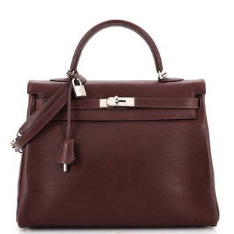 Hermes Kelly Handbag Brown Evergrain with Palladium Hardware 35