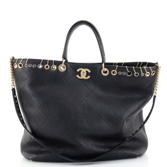 Chanel Piercing Chic Shopping Tote Grommet Embellished Stitched Caviar with Chain Detail Large