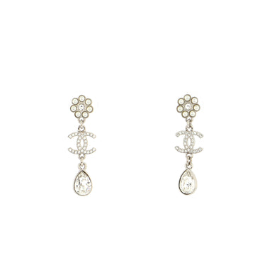 Chanel CC and Flower Teardrop Dangle Earrings Metal with Crystals and Faux Pearls