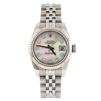 Rolex Oyster Perpetual Datejust Automatic Watch Stainless Steel and White Gold with Diamond Markers and Mother of Pearl 26