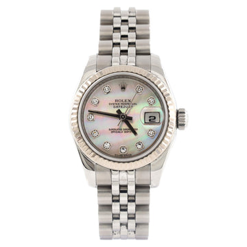 Rolex Oyster Perpetual Datejust Automatic Watch Stainless Steel and White Gold with Diamond Markers and Mother of Pearl 26