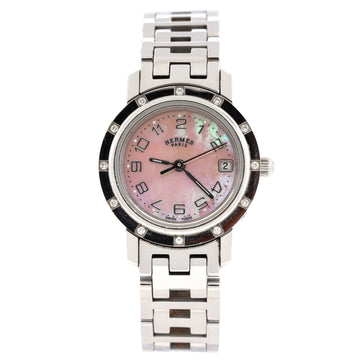 Hermes Clipper Quartz Watch Stainless Steel with Diamond Bezel and Mother of Pearl 23
