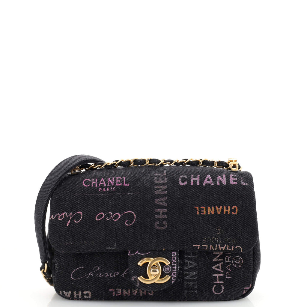 Chanel Denim Mood Flap Bag Logo Printed Quilted Denim Small Black 1934471