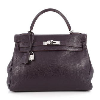 Hermes Kelly Handbag Purple Clemence with Palladium Hardware 32 Purple