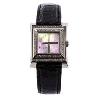 Gucci 111L Quartz Watch Stainless Steel and Alligator with Diamond Bezel and Mother of Pearl 25