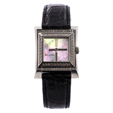 Gucci 111L Quartz Watch Stainless Steel and Alligator with Diamond Bezel and Mother of Pearl 25