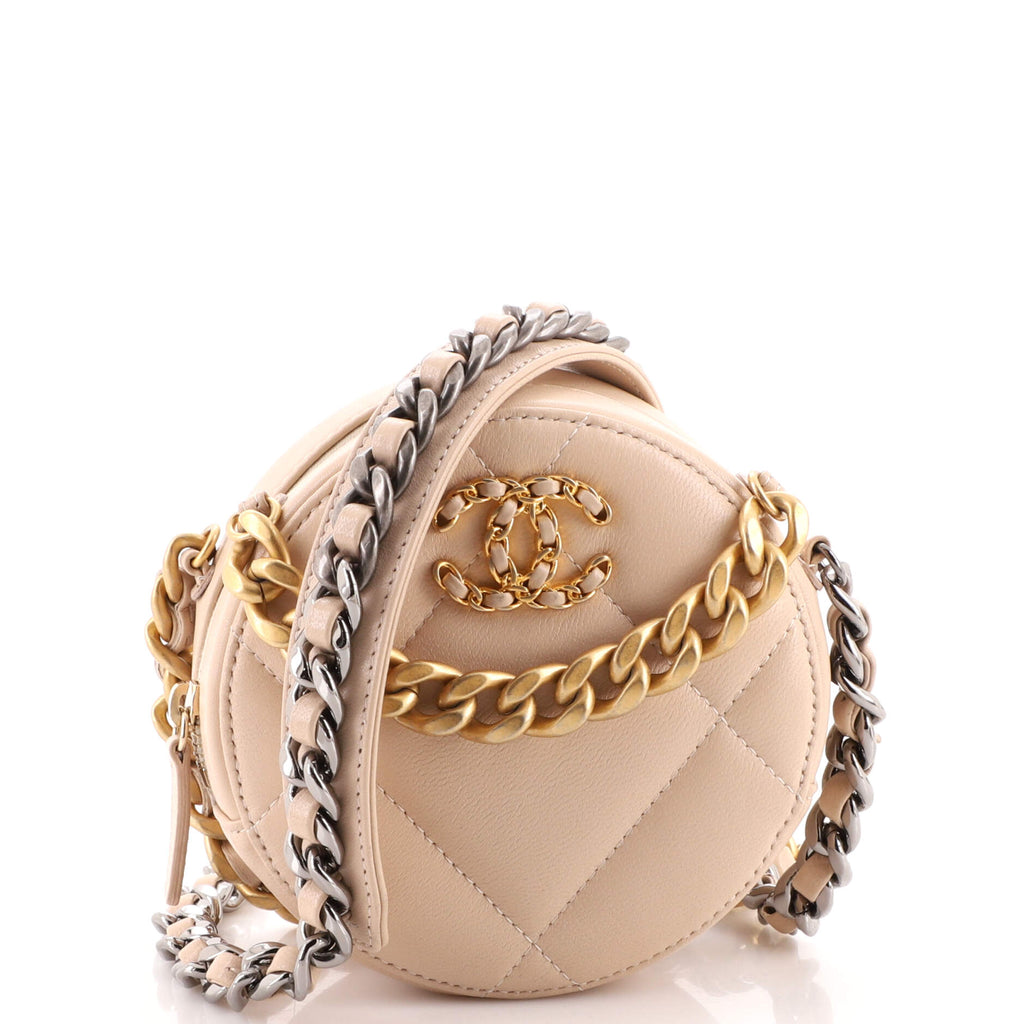 Chanel 19 Round Clutch with Chain Quilted Lambskin Neutral 1935721