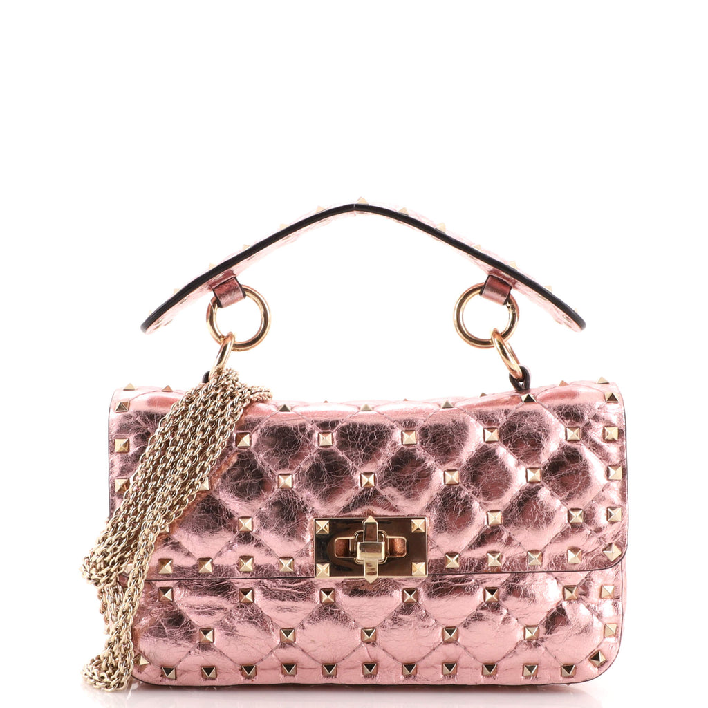 Valentino Metallic Pink Quilted Leather Small Rockstud Spike Top Handle Bag  Valentino