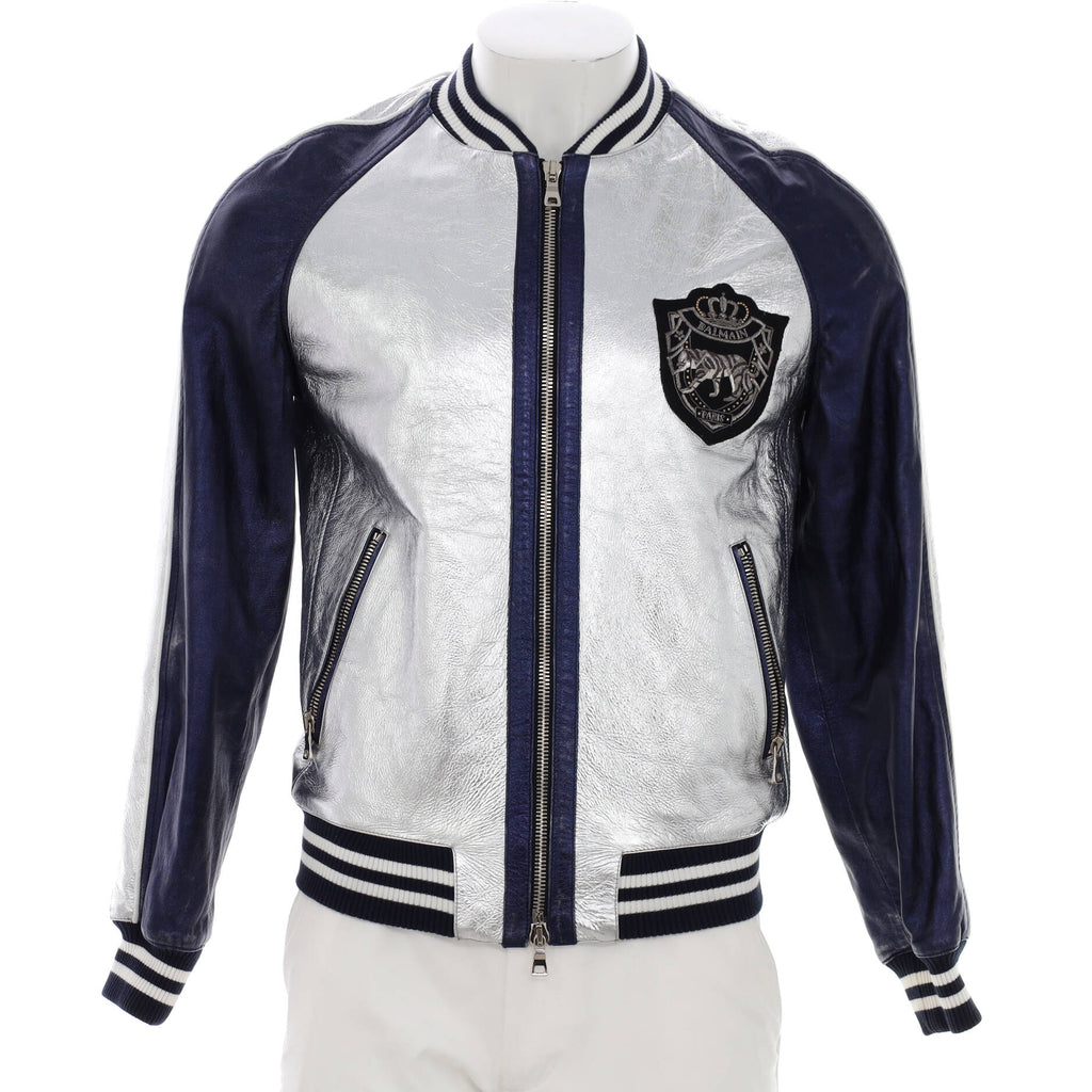 operatør Fødested identifikation Balmain Men's Crest Bomber Jacket Leather Blue 1936521