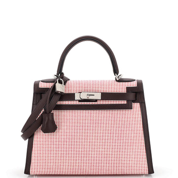 Hermes Kelly Handbag Quadrille Canvas and Red Swift with Palladium Hardware 28