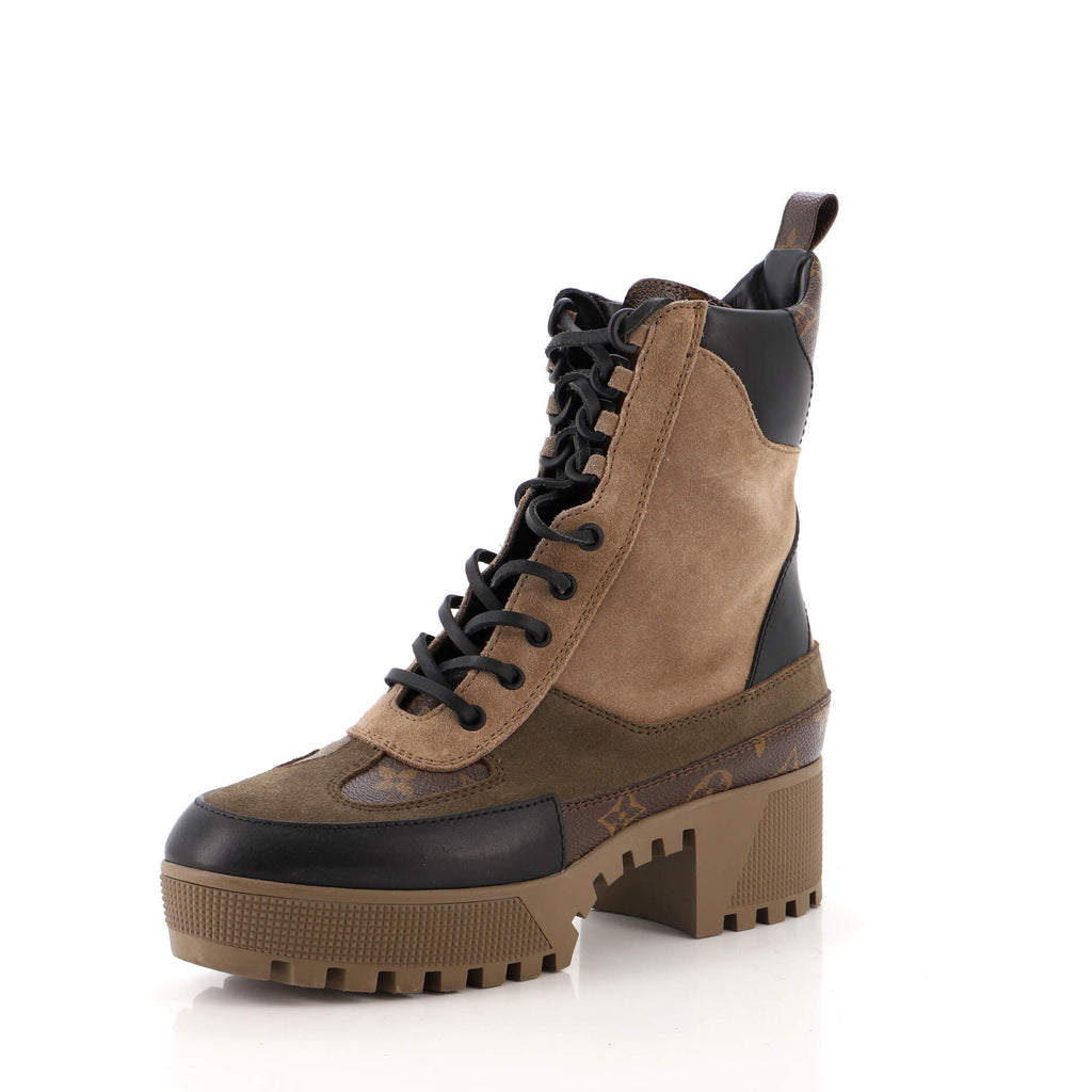 Women Louis Vuitton Monogram Laureate Platform Desert Combat Boots Size 38.5