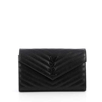 Saint Laurent Classic Monogram Chain Wallet Matelasse Chevron Leather Medium Black