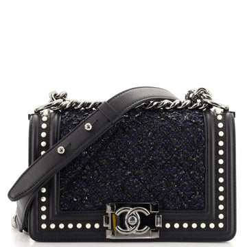 Chanel Boy Flap Bag Quilted Tweed with Pearl Embellished Calfskin Small
