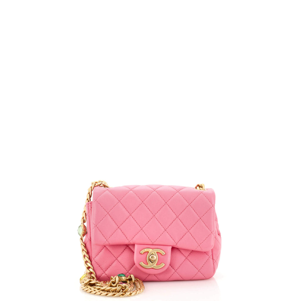 Chanel Pearl Samba Resin Chain Square Flap Bag Quilted Lambskin Mini Pink  1941651