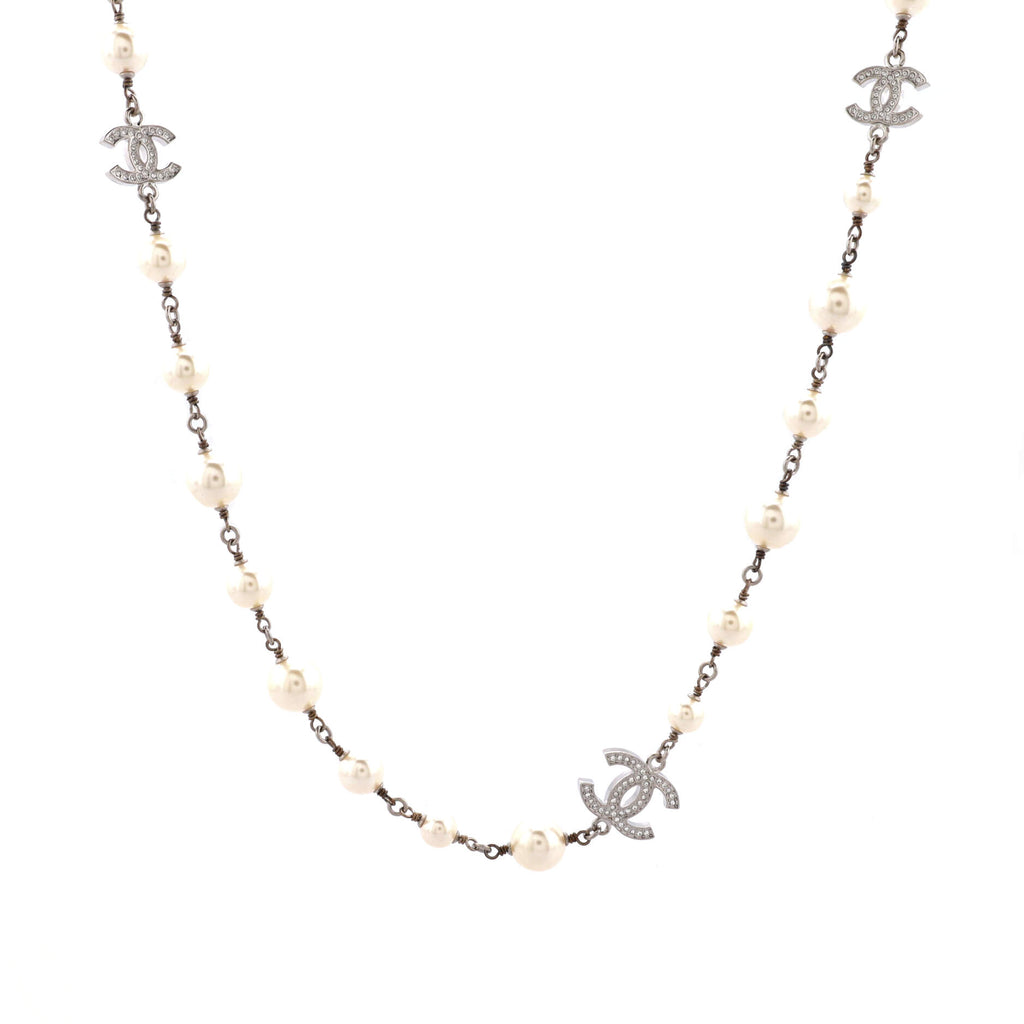 Chanel CC Faux Pearl Silver Tone Station Long Necklace Chanel