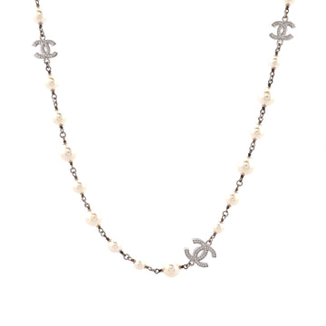 Chanel CC Station Long Necklace Metal with Faux Pearls and Crystals