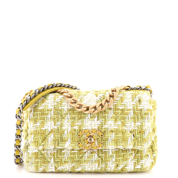 NEW CHANEL 19 YELLOW TWEED SILVER GOLD CHAIN QUILTED MEDIUM FLAP SHOULDER  BAG