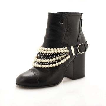 Chanel Women's Pearl Chain Strap Ankle Boots Leather