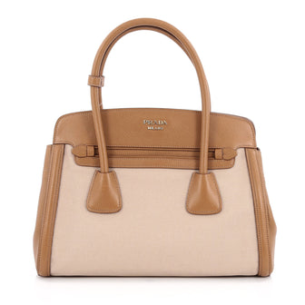 Prada Cuir Frame Convertible Tote Canvas and Saffiano Leather Small Brown