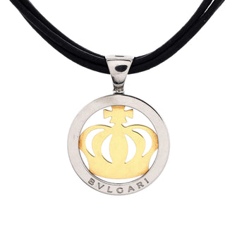 Bvlgari Tondo Crown Pendant Necklace Stainless Steel with 18K Yellow Gold and Cord