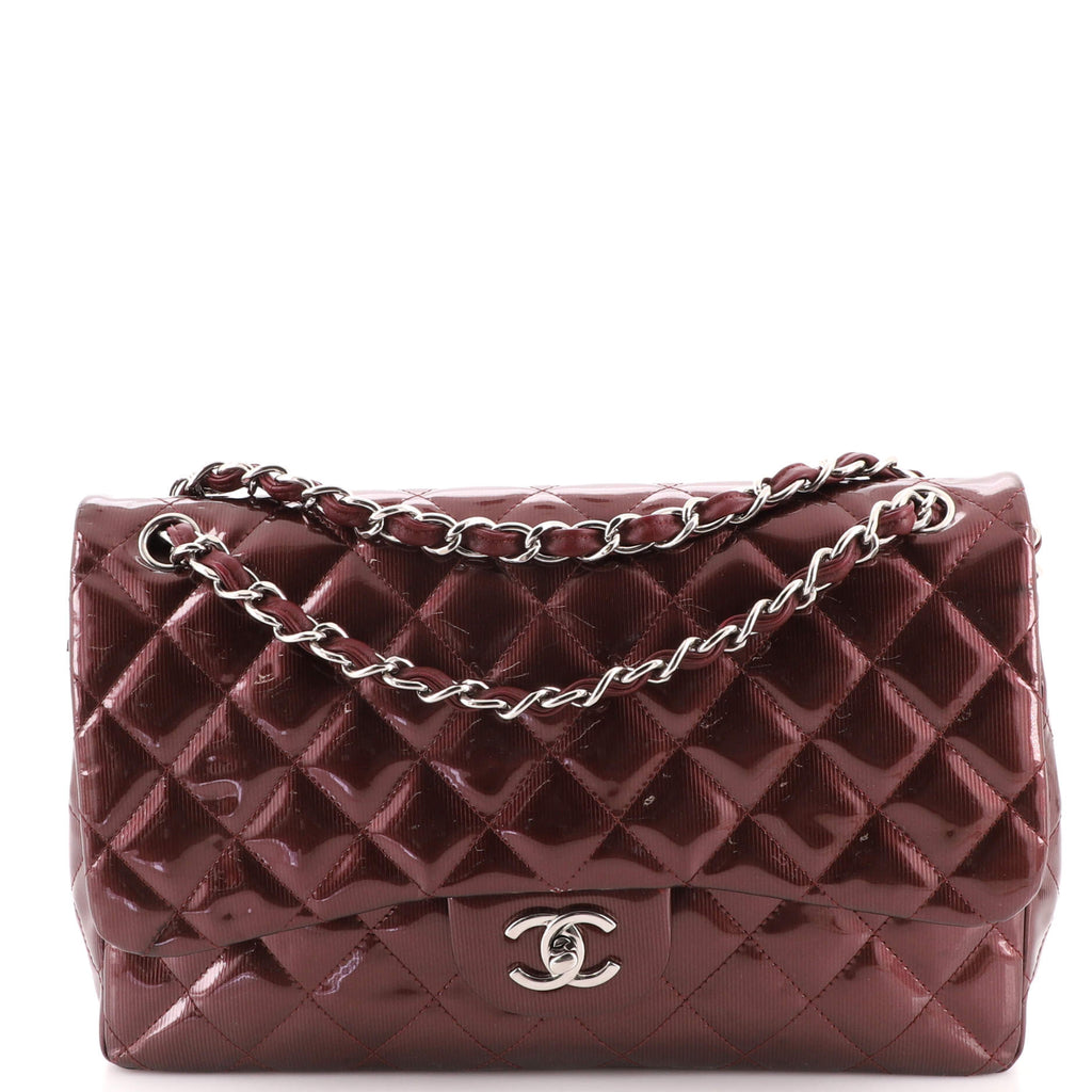 Chanel Classic Double Flap Bag Quilted Striated Metallic Patent Jumbo Red  1946973