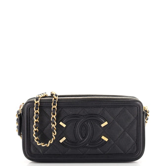 Filigree Double Zip Clutch with Chain Quilted Caviar