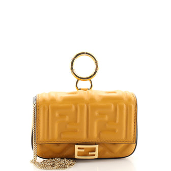 Fendi Chain Baguette Charm Bag Zucca Embossed Leather Nano