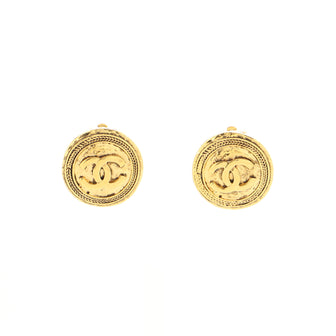 Chanel Vintage CC Round Clip-On Earrings Brooch Textured Metal