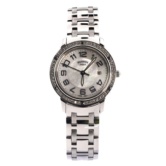 Hermes Clipper Quartz Watch Stainless Steel with Diamond Bezel and Mother of Pearl 28