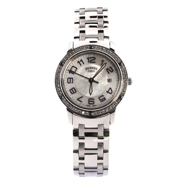 Hermes Clipper Quartz Watch Stainless Steel with Diamond Bezel and Mother of Pearl 28