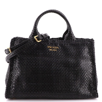 Prada Madras Convertible Open Tote Woven Leather Small