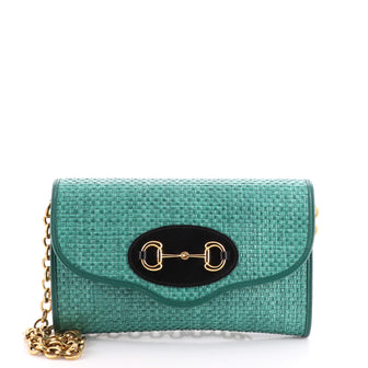 Gucci Horsebit 1955 Curved Flap Shoulder Bag Raffia Small