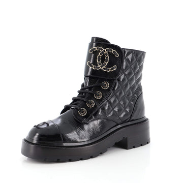 Chanel Women's Chain CC Cap Toe Lace Up Combat Boots Quilted Shiny Calfskin