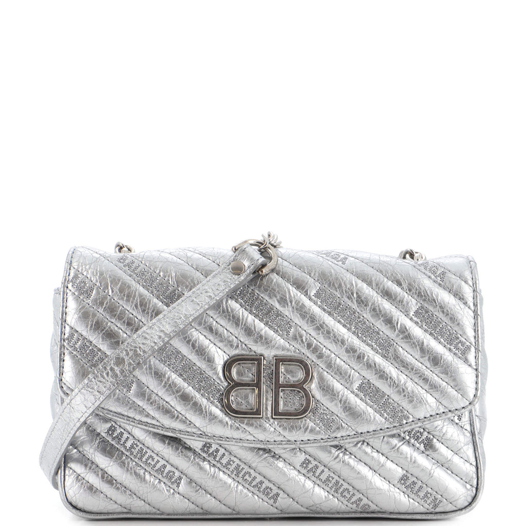 Balenciaga BB Chain Round Shoulder Bag Quilted Embroidered Leather Small  Silver 19505663