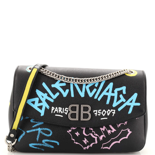 Balenciaga BB Graffiti Chain Round Shoulder Bag Leather Medium