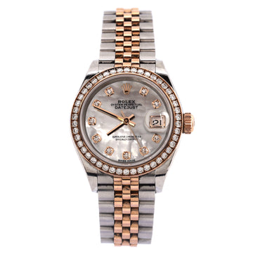 Rolex Oyster Perpetual Datejust Automatic Watch Stainless Steel and Rose Gold with Diamond Bezel and Markers and Mother of Pearl 28
