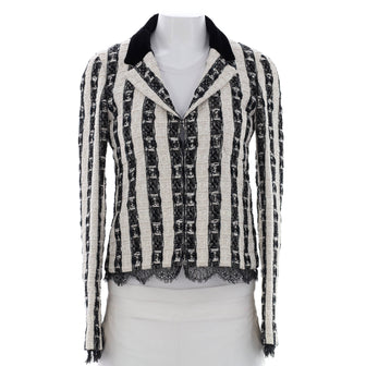 Chanel Women's Striped Collar Jacket Tweed with Scalloped Lace Detail