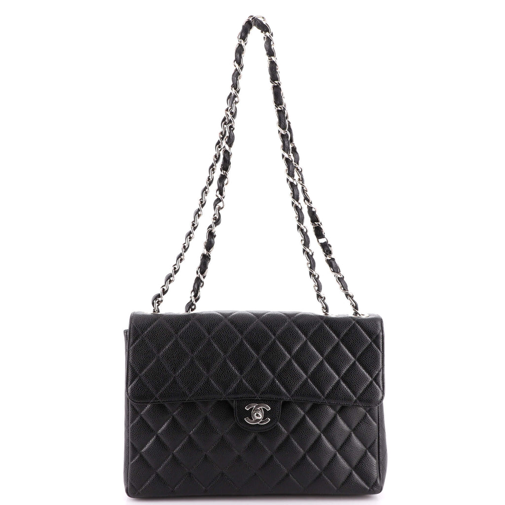 Black Quilted Caviar Leather Jumbo Classic Single Flap Bag Silver