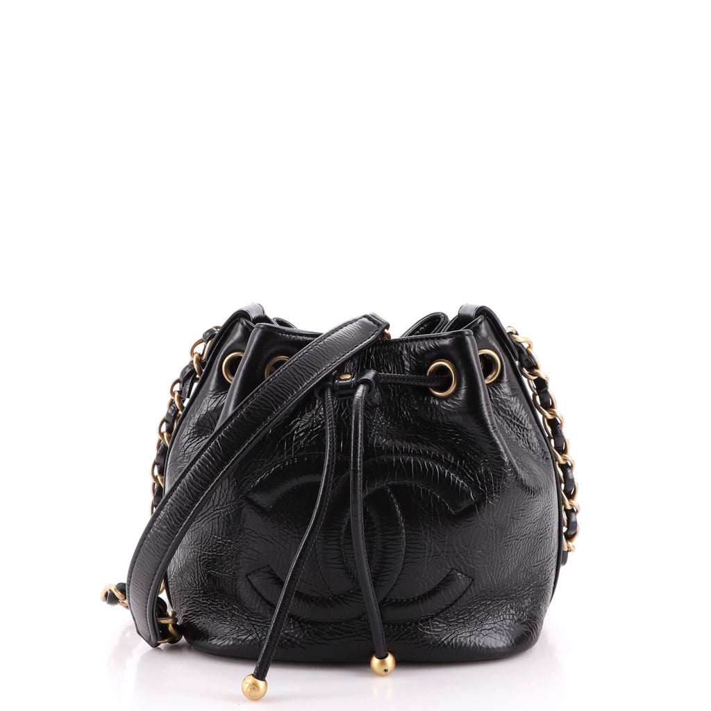 Chanel CC Drawstring Bucket Bag Shiny Aged Calfskin Small Black
