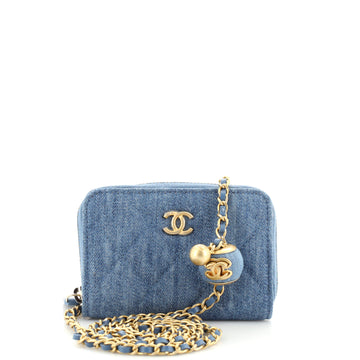 Chanel Pearl Crush Zip Around Card Holder on Chain Quilted Denim